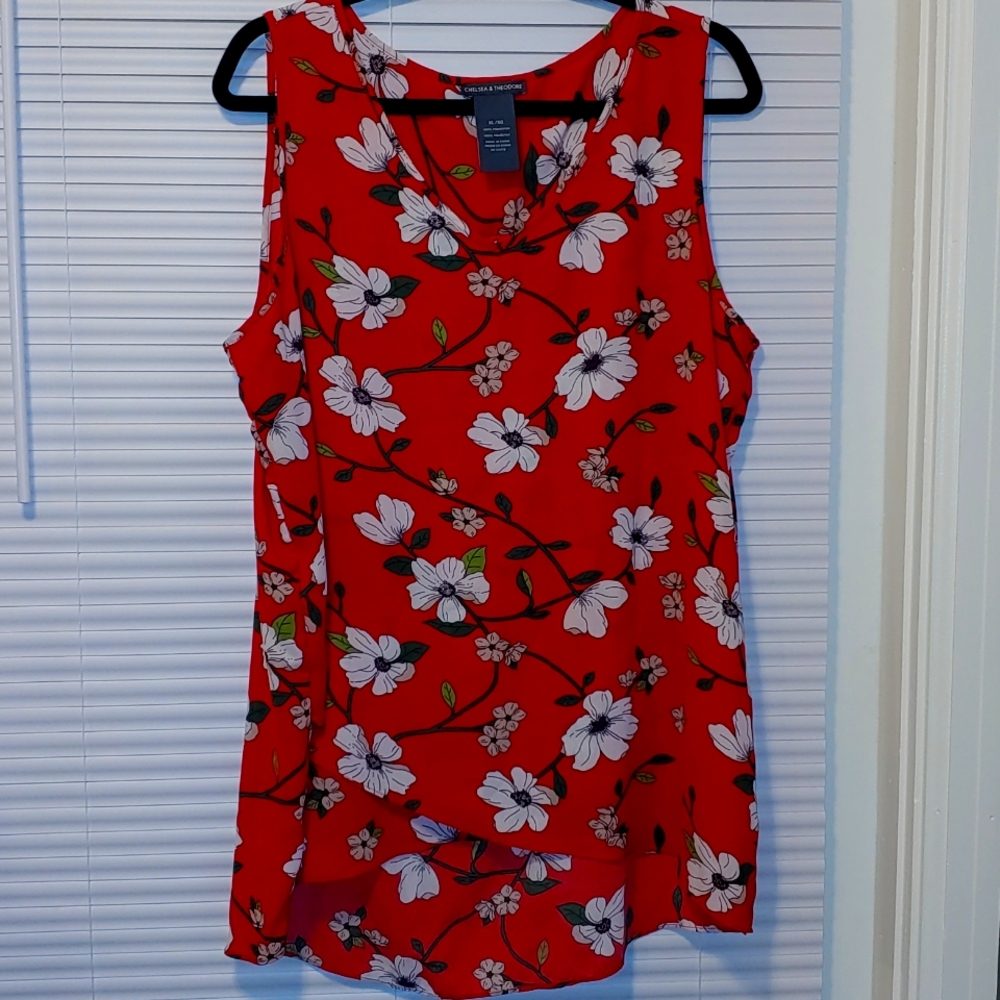 Chelsea & Theodore XL Red Floral Sleeveless Tank Faux Wrap Layered Blouse Top